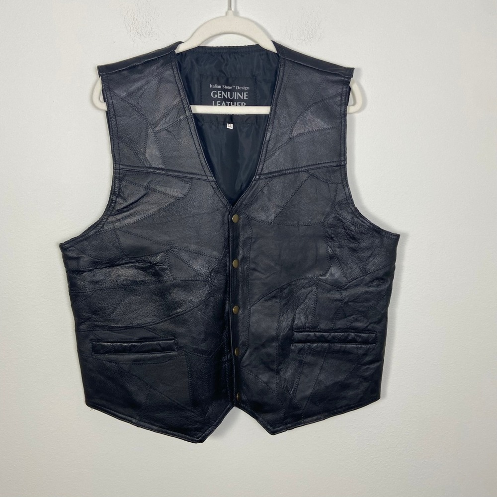 Italian Stone Design Mens Genuine Leather Vest Patchwork Black XXL Biker Retro